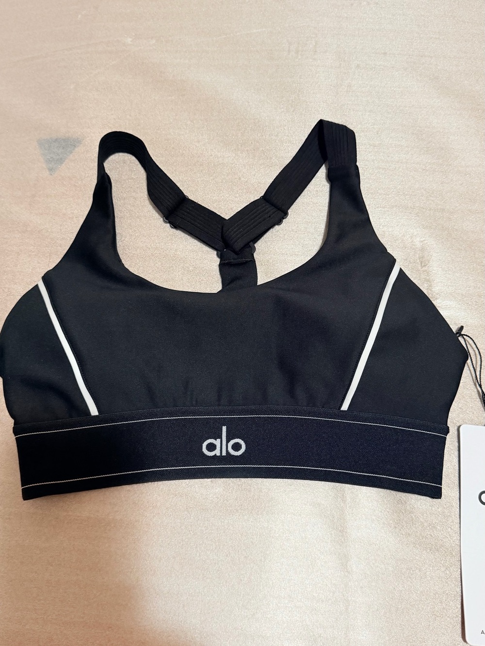 ALO Yoga Black Sports Bra with White Piping and Elastic Band